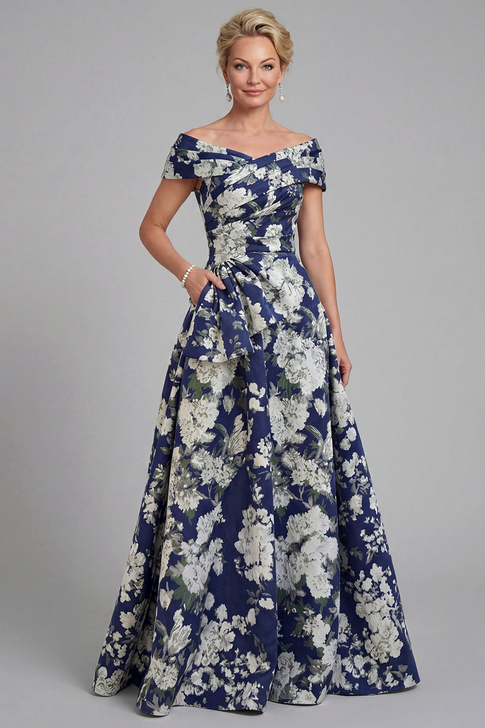 Navy Long A Line Floral Mother of the Bride Dress with Pockets