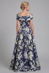 Navy Long A Line Floral Mother of the Bride Dress with Pockets