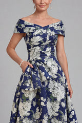 Navy Long A Line Floral Mother of the Bride Dress with Pockets