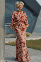 Floral Dusty Rose Boat Neck Long Mother of the Bride Dress with Pockets