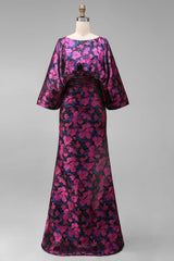 Floral Fuchsia Sheath Ruched Long Mother of the Bride Dress with Sleeves