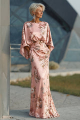 Floral Dusty Rose Ruched Boat Neck Ruched Long Mother of the Bride Dress with Pockets