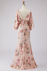 Floral Dusty Rose Ruched Boat Neck Ruched Long Mother of the Bride Dress with Pockets