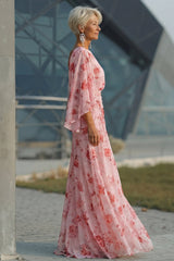 Floral Dusty Rose Boat Neck Chiffon Sheath Long Mother of the Bride Dress with Pockets