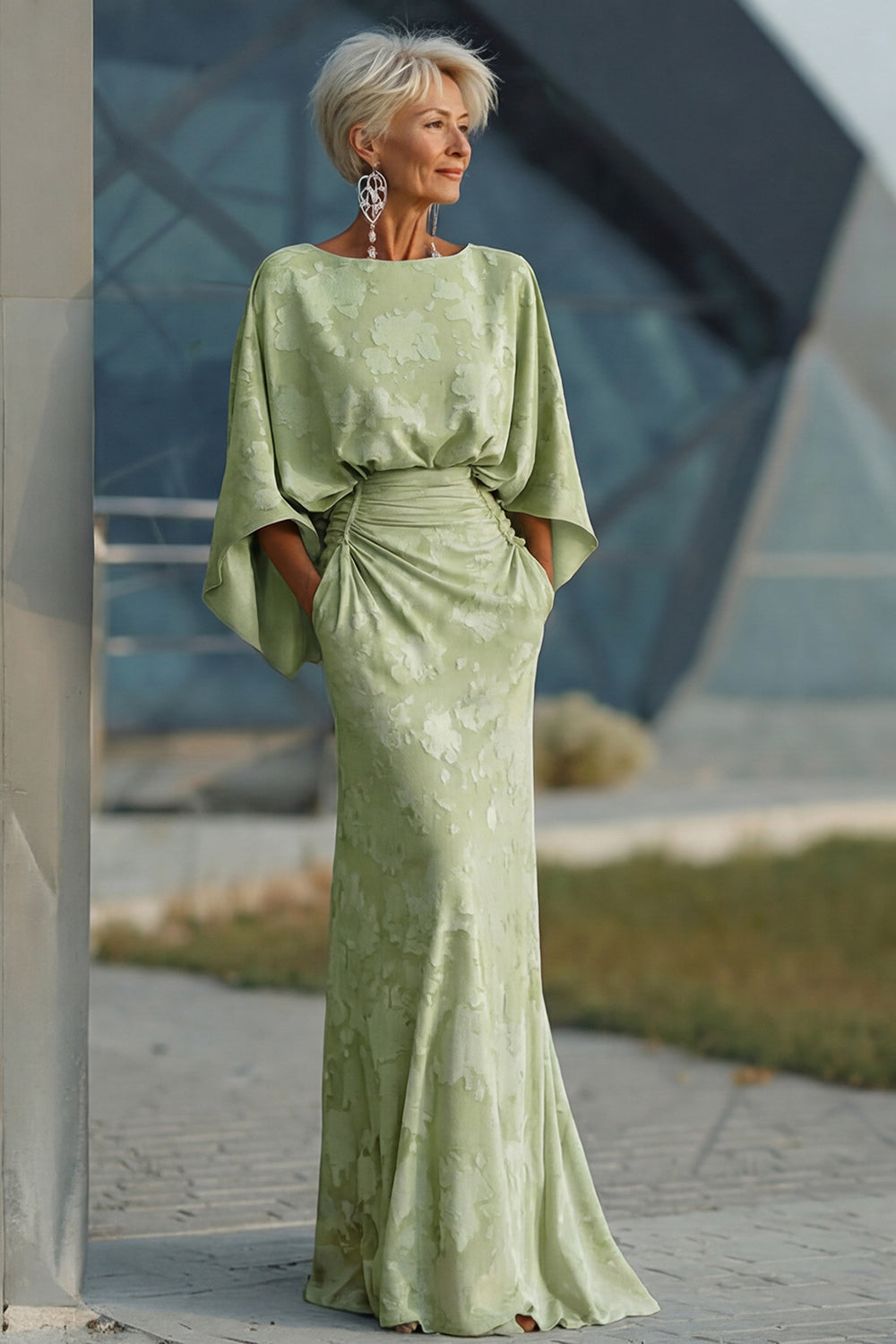 Floral Sage Green Boat Neck Sheath Long Mother of the Bride Dress with Sleeves