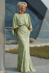 Floral Sage Green Boat Neck Sheath Long Mother of the Bride Dress with Sleeves