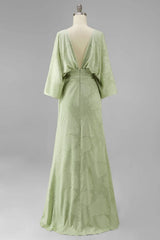 Floral Sage Green Boat Neck Sheath Long Mother of the Bride Dress with Sleeves