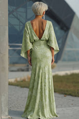 Floral Sage Green Boat Neck Sheath Long Mother of the Bride Dress with Sleeves