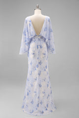 Floral Light Blue Chiffon Sheath Ruched Long Mother of the Bride Dress with Pockets