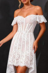 White Off the Shoulder A Line High-Low Corset Boho Wedding Dress
