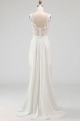 White Corset Boat Neck High Low A Line Boho Wedding Dress with Cape