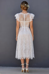 White Round Neck A Line Corset Maxi Boho Wedding Dress with Ruffles