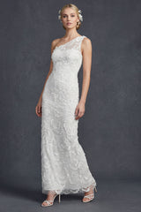 Sparkly White Floral Mermiad Maxi One Shoulder Beaded Boho Wedding Dress with Appliques