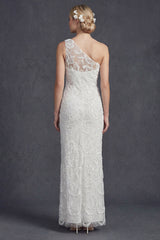 Sparkly White Floral Mermiad Maxi One Shoulder Beaded Boho Wedding Dress with Appliques