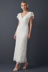 Sparkly White Sheath Maxi V Neck Beaded Ruffled Boho Wedding Dress