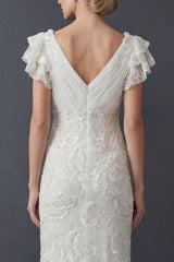 Sparkly White Sheath Maxi V Neck Beaded Ruffled Boho Wedding Dress