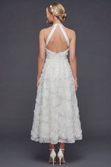 White A Line Halter Maxi Floral Boho Wedding Dress