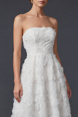 White A Line Strapless Maxi Floral Boho Wedding Dress