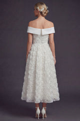 White Off the Shouler Maxi A Line Boho Wedding Dress with 3D Flowers