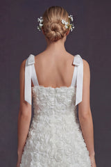 White A Line Square Neck Floral Short Boho Wedding Dress with Bow
