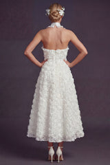 White A Line Halter Maxi Ruffled Boho Wedding Dress with 3D Flowers