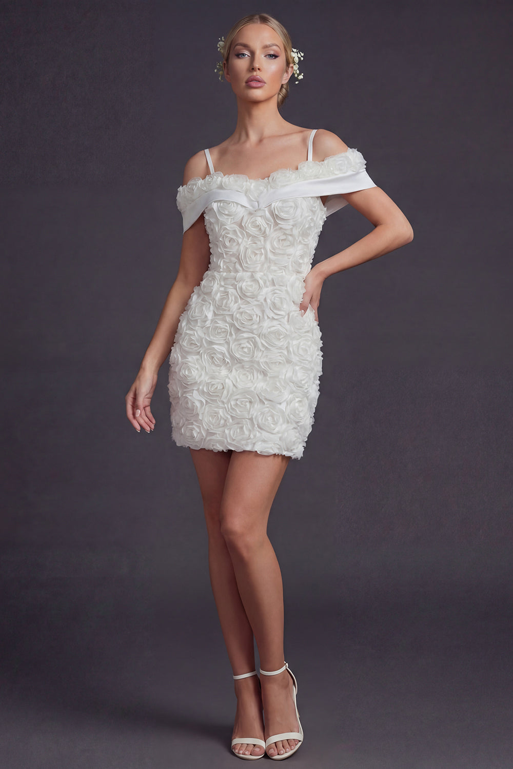 White Cold Shoulder Short Boho Wedding Dress with 3D Flowers