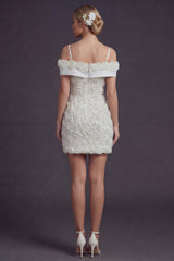White Cold Shoulder Short Boho Wedding Dress with 3D Flowers
