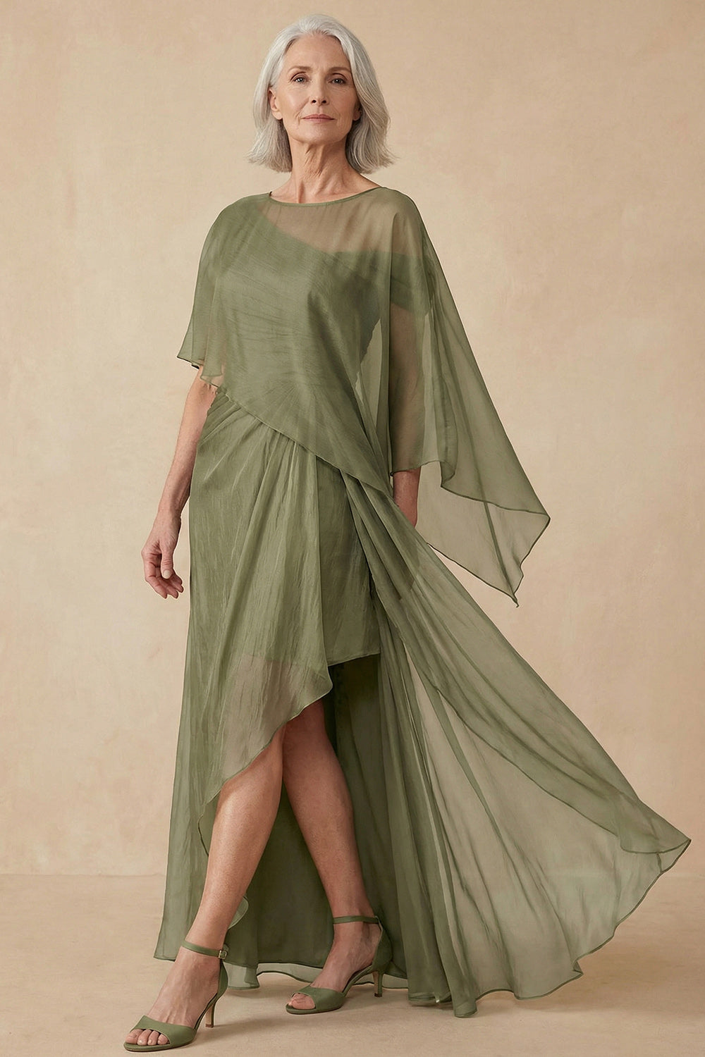 Dusty Sage A Line Flowy Long Mother of the Bride Dress with Cape