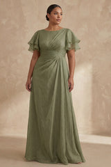 A Line Long Dusty Sage Boat Neck Mother of the Bride Dress with Ruffles