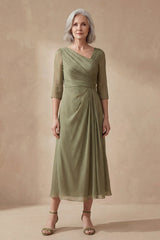 Dusty Sage Long A Line Ruched Mother of the Bride Dress with Sleeves