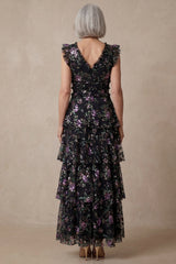 Black V Neck Floral Sparkly Sequin Tiered Long A Line Mother of the Bride Dress with Ruffles