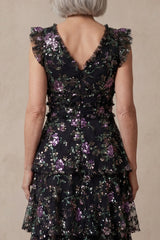 Black V Neck Floral Sparkly Sequin Tiered Long A Line Mother of the Bride Dress with Ruffles