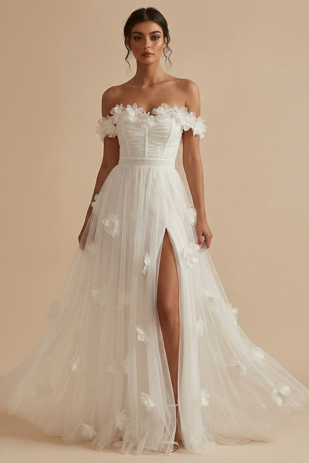 White Corset Off the Shoulder Long Floral Wedding Reception Dress with Slit