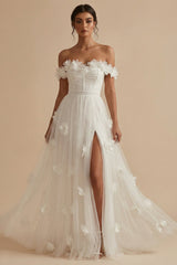 White Corset Off the Shoulder Long Floral Wedding Reception Dress with Slit