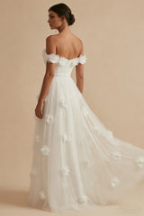 White Corset Off the Shoulder Long Floral Wedding Reception Dress with Slit