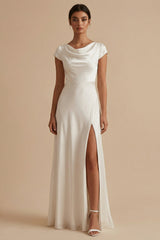 White Long Sheath Cowl Neck Engagement Dress with Slit