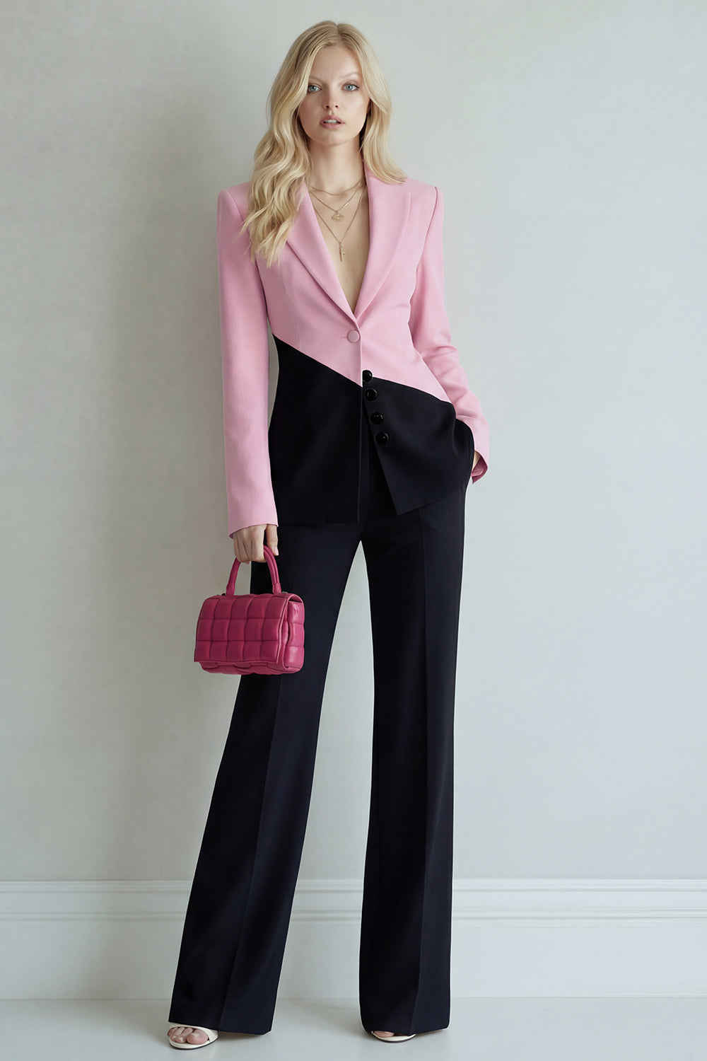 Black Pink Patchwork Single Breasted 2 Piece Wide Leg Notched Lapel Prom Suits