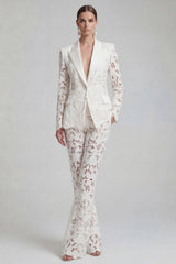 Floral 2 Piece Single Breasted Peak Lapel White Wide Leg Lace Prom Suits