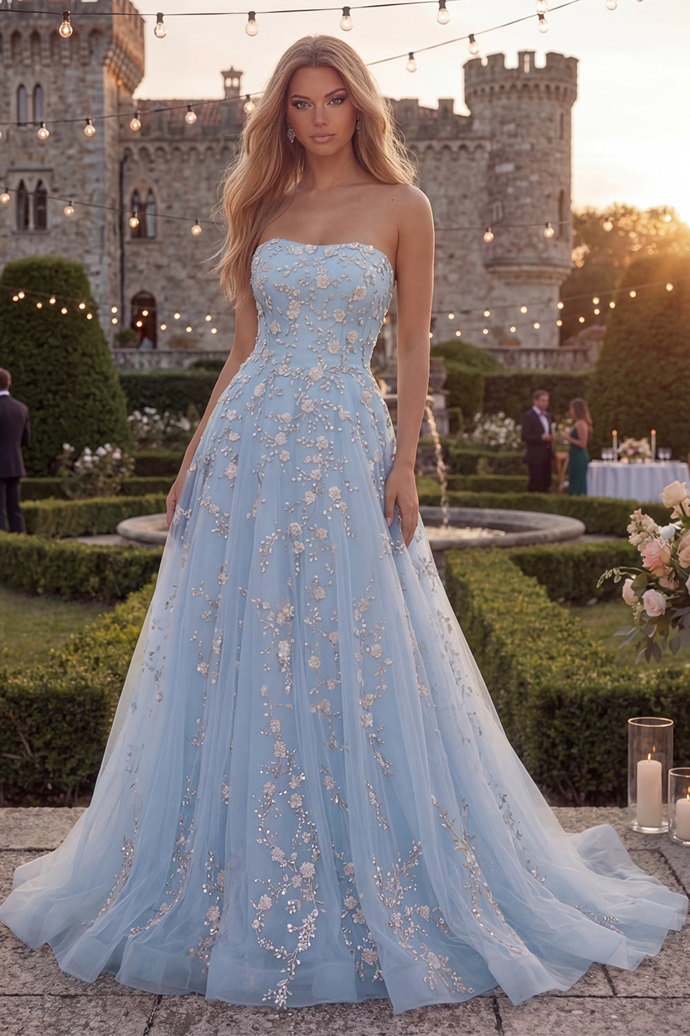 Strapless Sparkly Blue Floral A Line Beaded Long Prom Dress