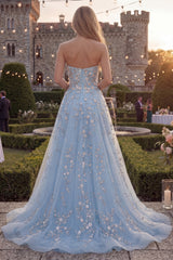 Strapless Sparkly Blue Floral A Line Beaded Long Prom Dress
