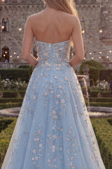 Strapless Sparkly Blue Floral A Line Beaded Long Prom Dress