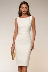 Navy Boat Neck Pencil Short Work Dress