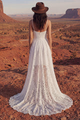 Ivory High Low A Line Floral Lace Spaghetti Straps Boho Wedding Dress