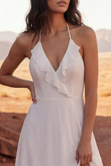 A Line Maxi Ivory Halter Backless Beach Wedding Dress with Slit
