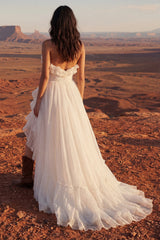 Maxi Strapless A Line Ivory Beach Wedding Dress with Ruffles