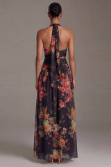 Black A Line Floral Halter Maxi Beach Wedding Guest Dress with Slit
