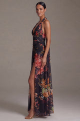 Black A Line Floral Halter Maxi Beach Wedding Guest Dress with Slit