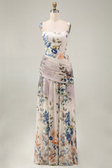 Square Neck A Line Draped Floral Maxi Ivory Beach Wedding Guest Dress