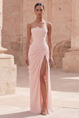 Light Pink Sheath Ruched Long Prom Dress with Slit
