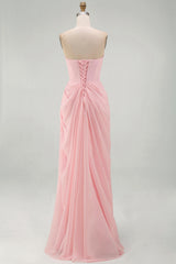 Light Pink Sheath Ruched Long Prom Dress with Slit